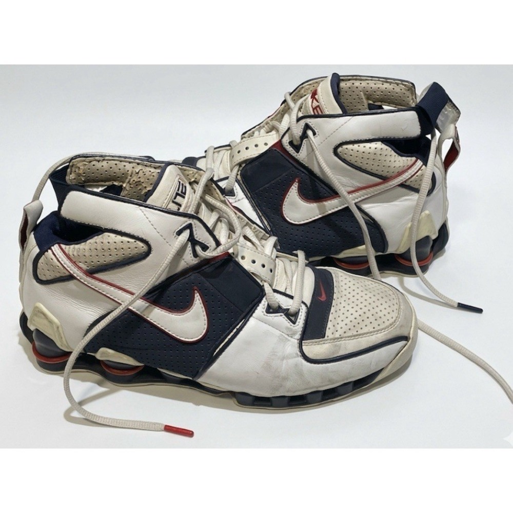 Vintage Nike Elite Shox Bomber USA White/Navy Blue/Red Mens Size 10 Basketball